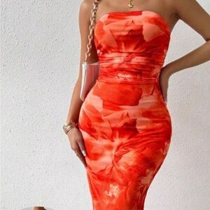 Vibrant Red Floral Bodycon Dress